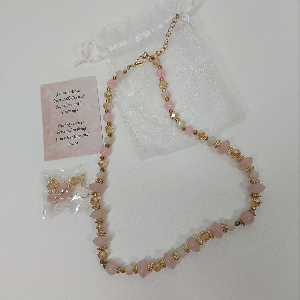 RoseQuartz Stone Necklace Gold-tone Metal With Matching Earrings New